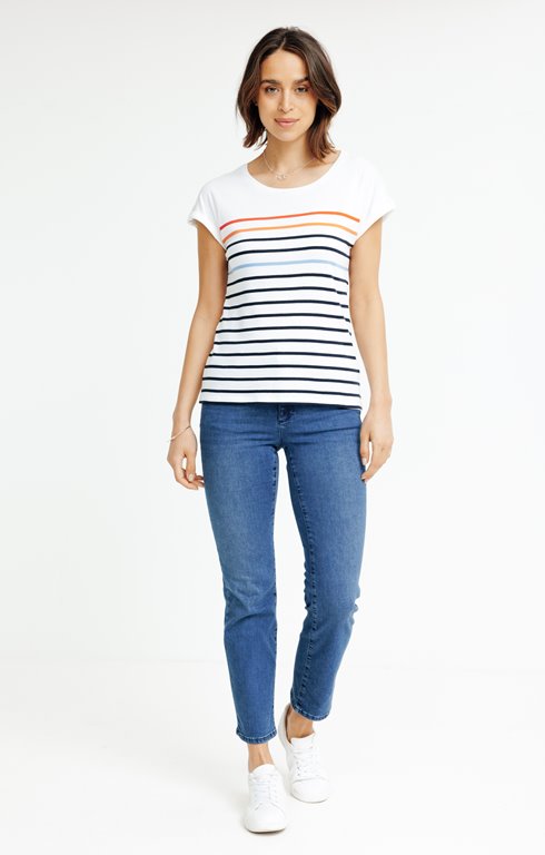 Pyjama Femme Court Été Coton - Haut Rayures Manches Courtes Col V + Short - 95% Coton Élasticité