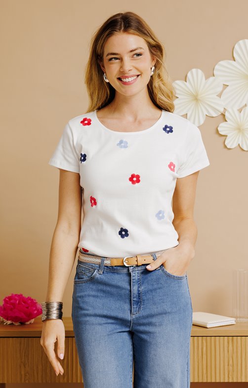 Tee-shirt brodé fleurs manches courtes