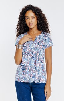 Tee-shirt imprimé patch col mao et plis