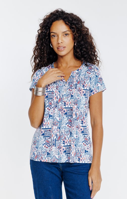 Tee-shirt imprimé patch col mao et plis