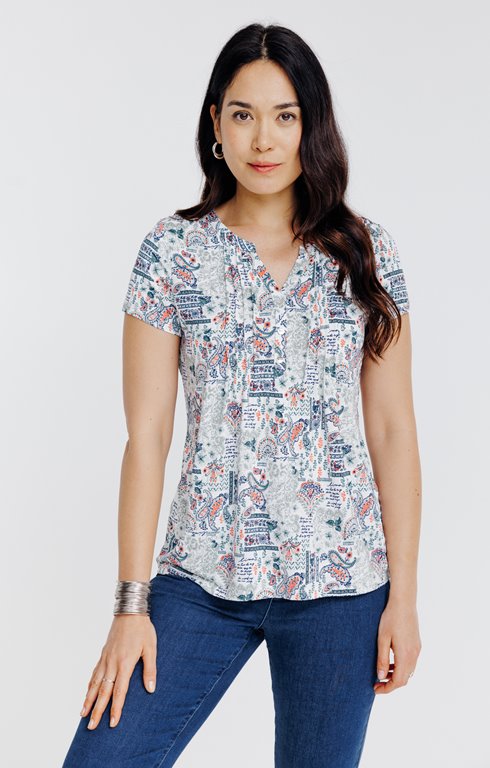 Tee-shirt imprimé patch col mao et plis