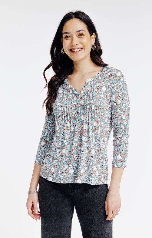 Tee-shirt col mao imprimé fleurs