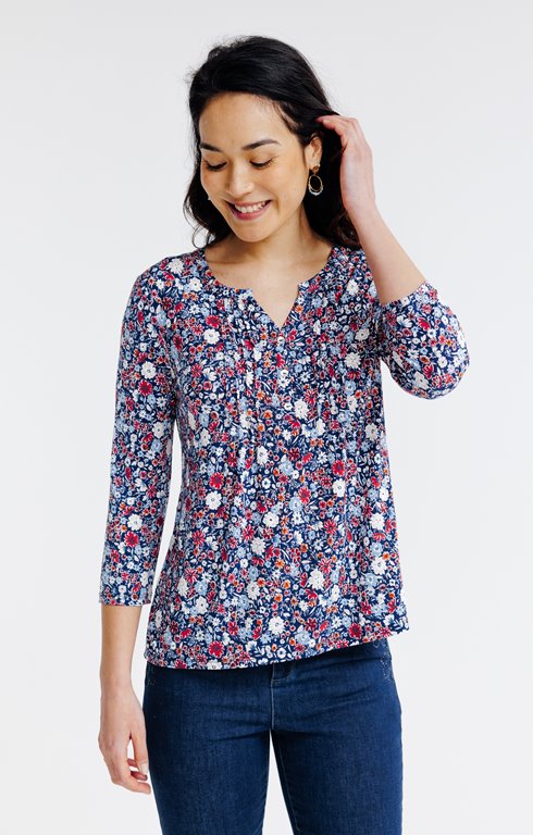 Tee-shirt col mao imprimé fleurs