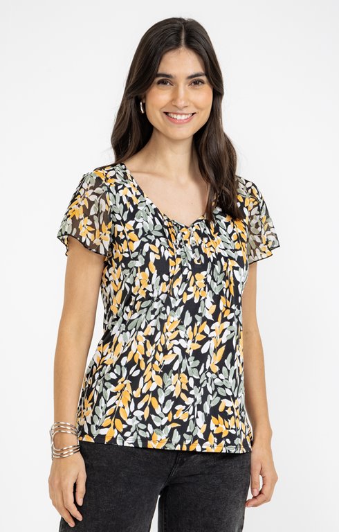 Tee-shirt mix matière imprimé feuillage