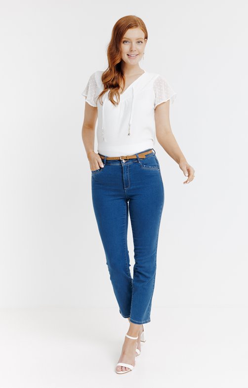 Pantalon 7/8 satin denim stone ceinture