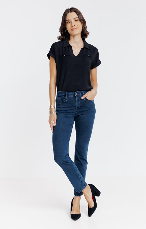 Pantalon 7/8 denim détail strass 