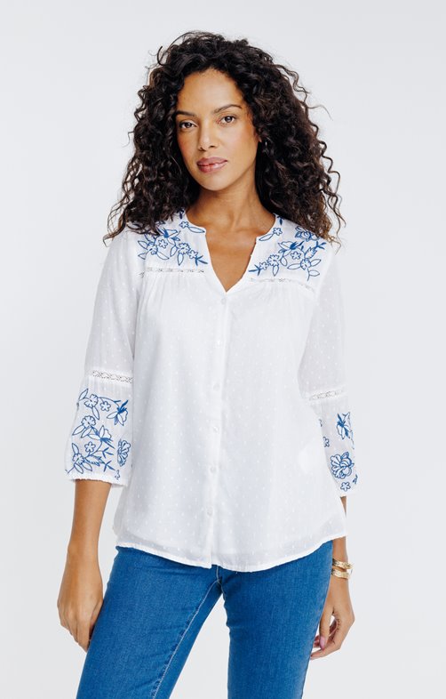 Blouse boutonnée uni avec broderie