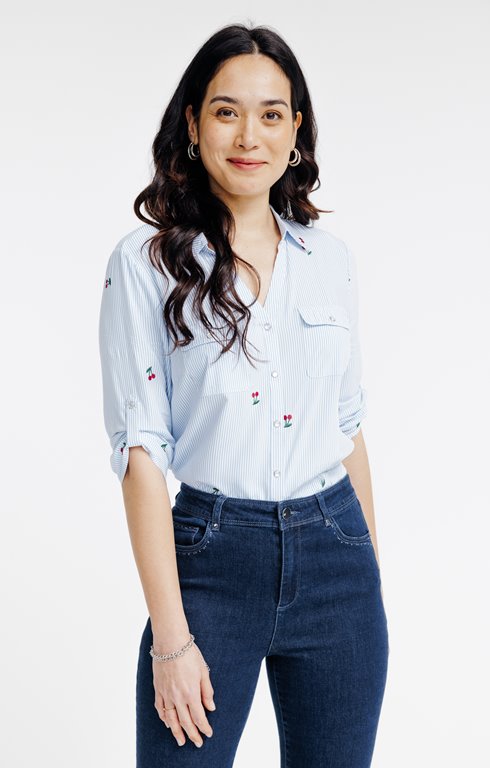 Chemise rayée imprimée cerises