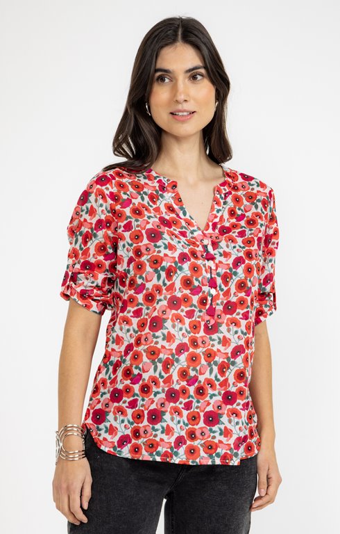 Tunique imprimée fleurs avec pompons