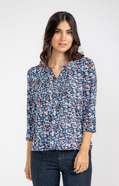 TEE-SHIRT ETE COL MAO IMPRIME FLEURS 