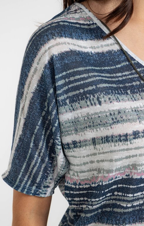 T-shirt Bloomchic Femme 2X (22/24) Manches Courtes Col V Rayures Bleues