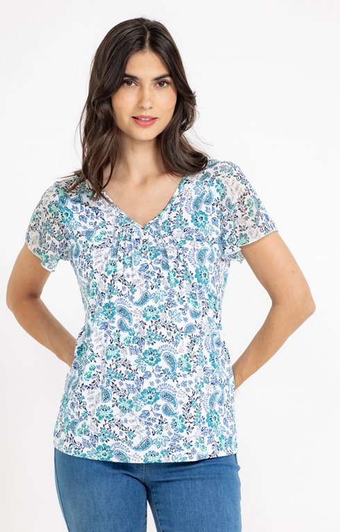 Tee-shirt mix matière à imprimé fleur
