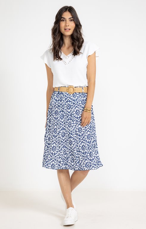 Jupe imprimée froissée midi et ceinture
