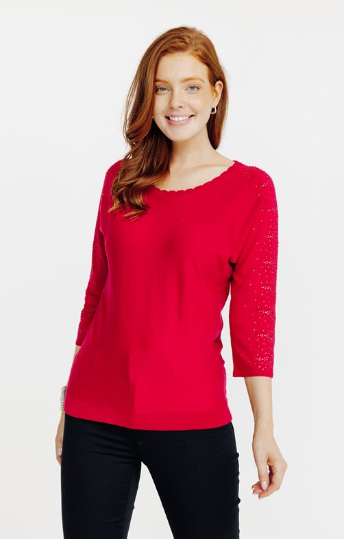 Pull détails festonnés et strass placés