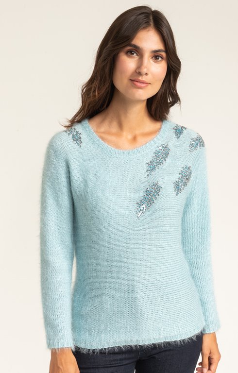 PULL COL ROND BRODERIES SEQUINS PLACEES