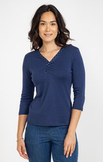Tee-shirt uni col v à strass