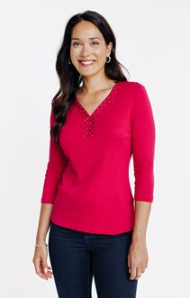 Tee-shirt uni col v à strass