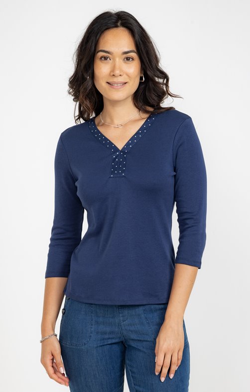Tee-shirt uni col v à strass