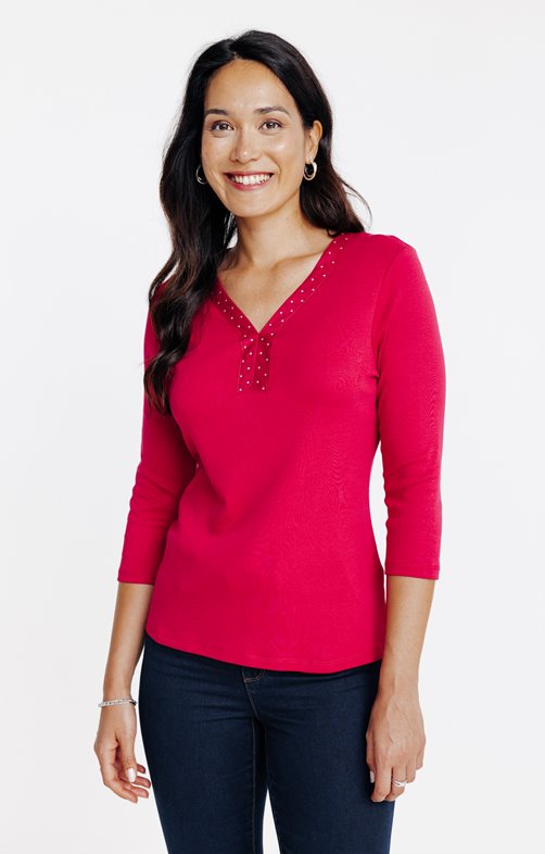 Tee-shirt uni col v à strass