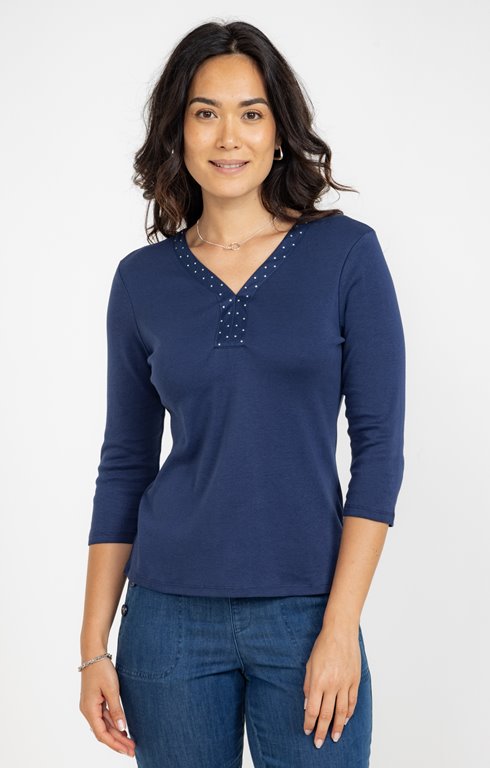 Tee-shirt uni col v à strass