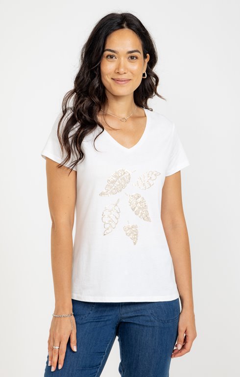 Tee-shirt brodé manches courtes et col v