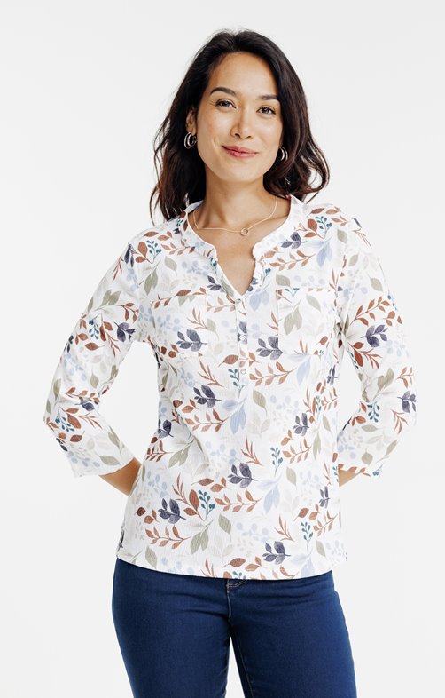 Tee-shirt imprimé feuillage manches 3/4