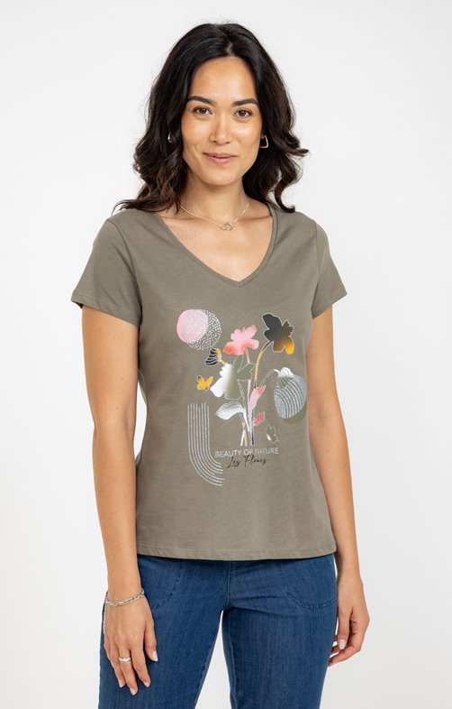 Tee-shirt imprimé bouquet col v