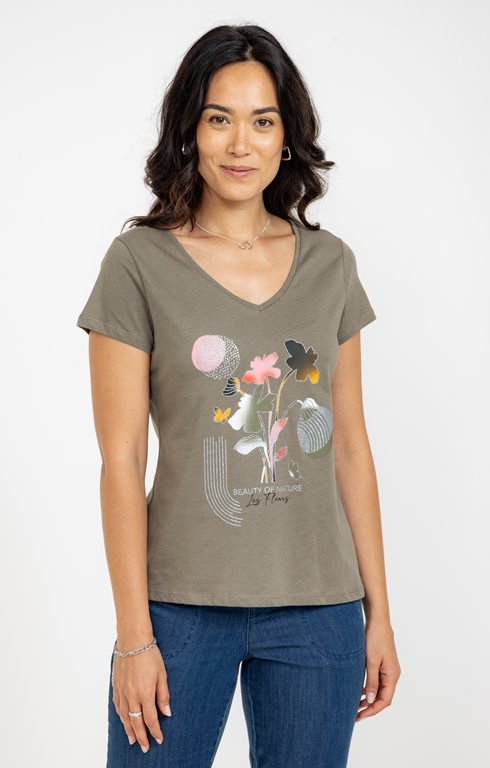 Tee-shirt imprimé bouquet col v