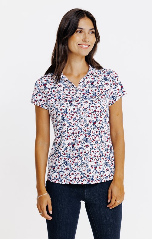 Tee-shirt col polo poches imprimé fleurs
