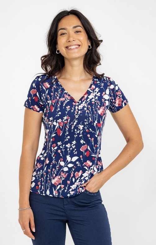 Tee-shirt col mao imprimé herbier