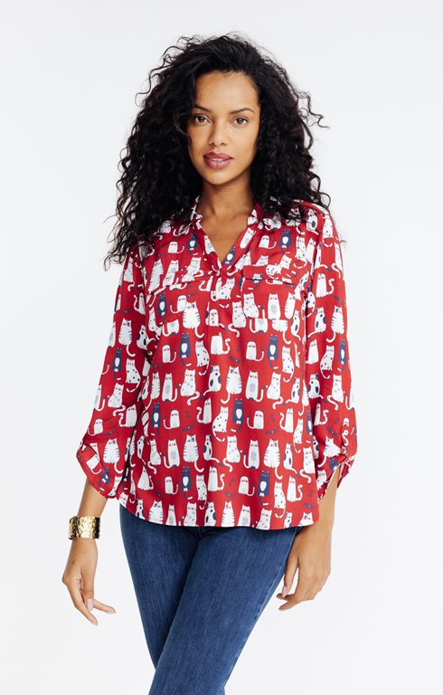 Tunique col chemise imprimée chat