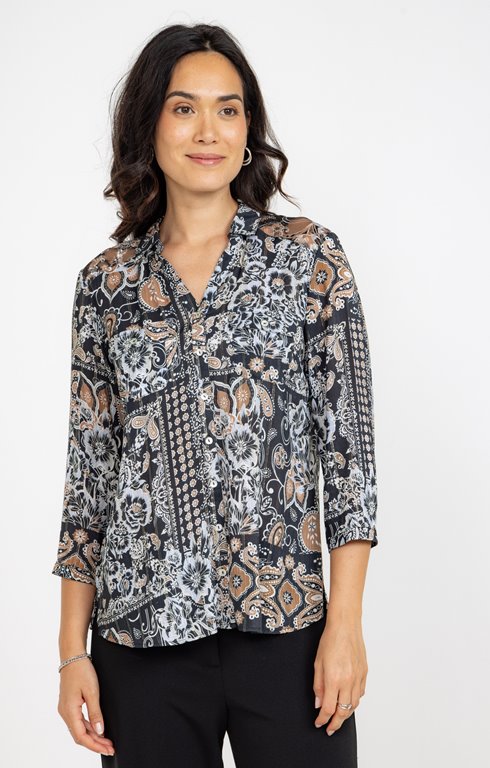 Chemise mix matière imprimée fleurs