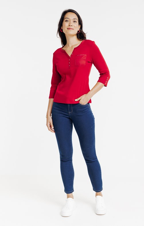 Pantalon denim satin poches rabats 