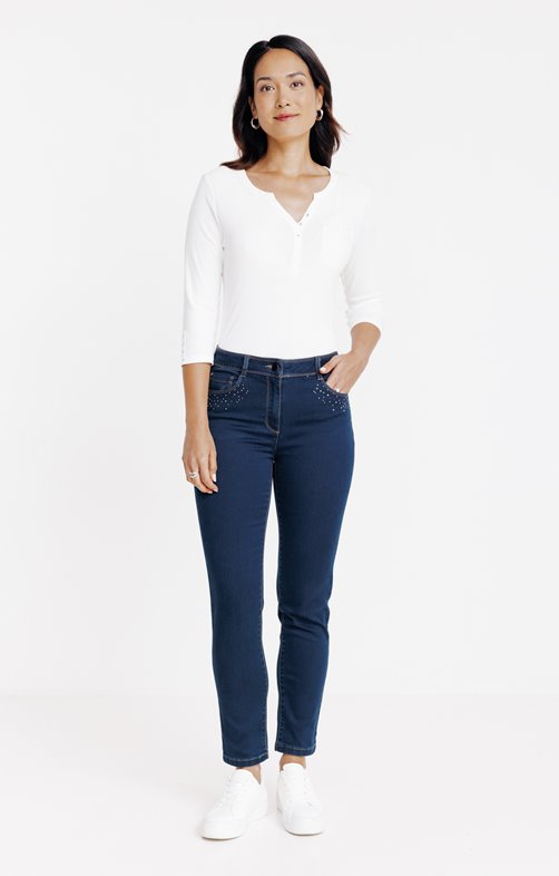 Pantalon denim détails strass et clou
