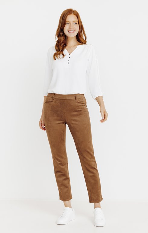 Pantalon tregging en suédine et piping