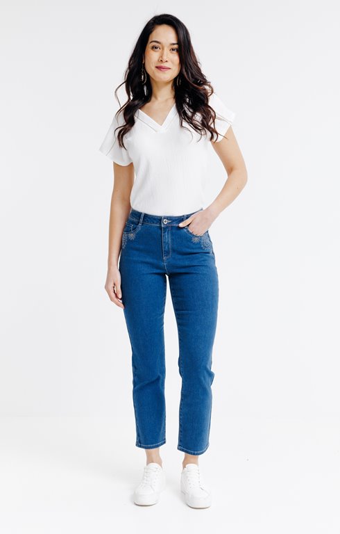 Pantacourt denim coupe droite, broderie