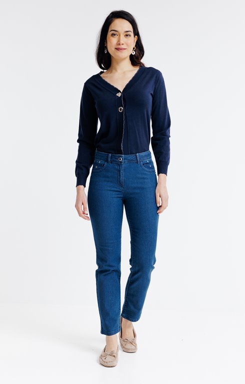 Pantacourt denim broderies fleurs