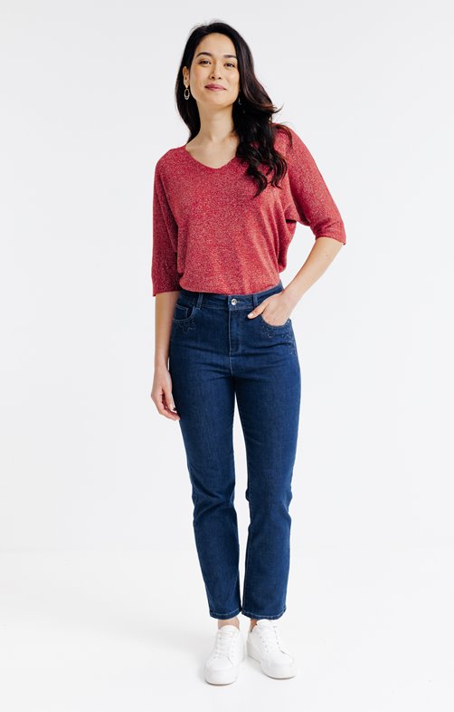 Pantacourt denim, détail strass fleur