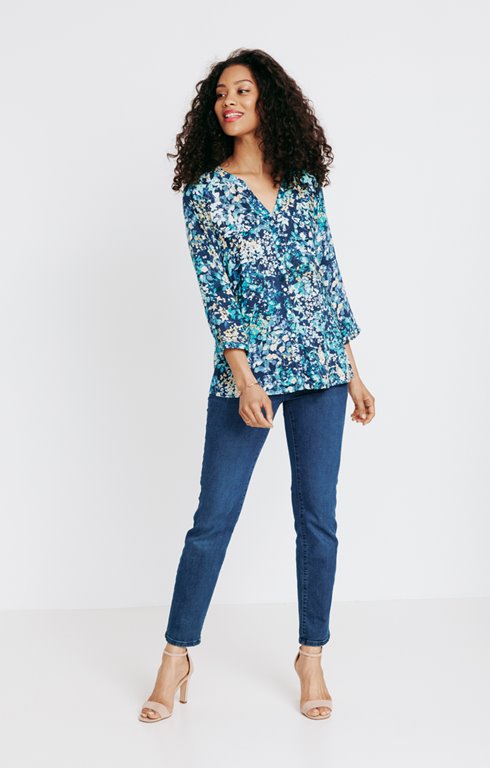 Chemisier NITYA Voile Viscose Imprimé Végétal Marine - Taille ~42/44, Manches Courtes, Occasion Très Bon état