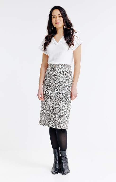 JUPE MIDI EN SCUBA SUEDINE IMPRIME