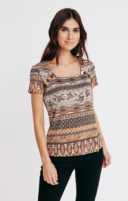 Tee-shirt col carré imprimé mix