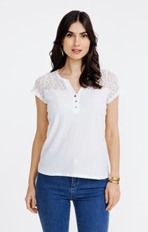 Tee-shirt uni dentelle manches courtes