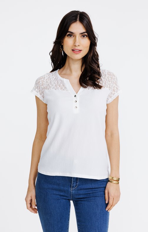 Tee-shirt uni dentelle manches courtes