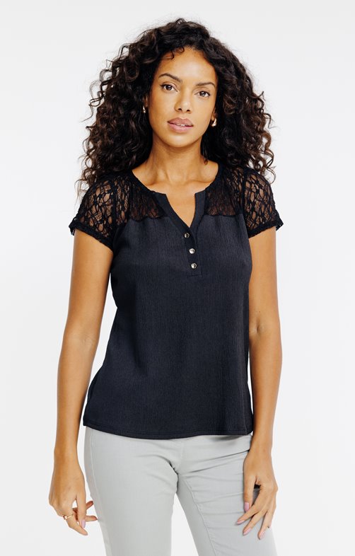 Tee-shirt uni dentelle manches courtes