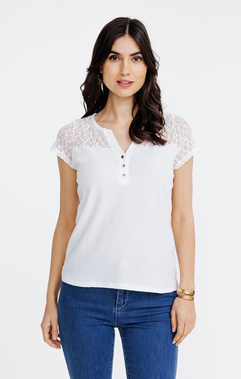 Tee-shirt uni dentelle manches courtes