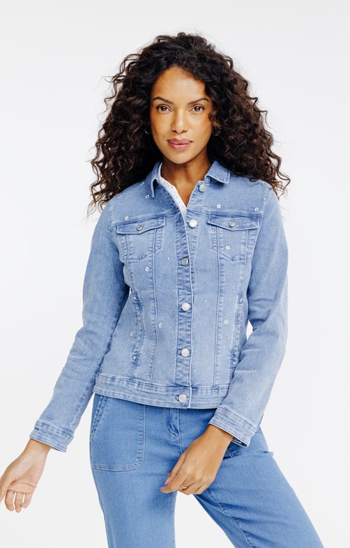 Veste denim bleach broderie all over