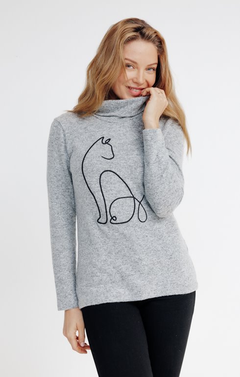 tee-shirt col boule broderie chat