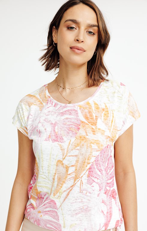 Tee-shirt Femme Col V Boutonné - Imprimé Floral, Manches Courtes - Haut Décontracté Pour L'été, Style Vintage