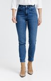 Pantalon denim slim et broderie cerise
