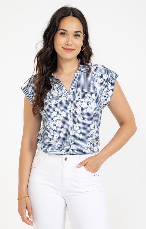 Chemise imprimée vichy et fleurs